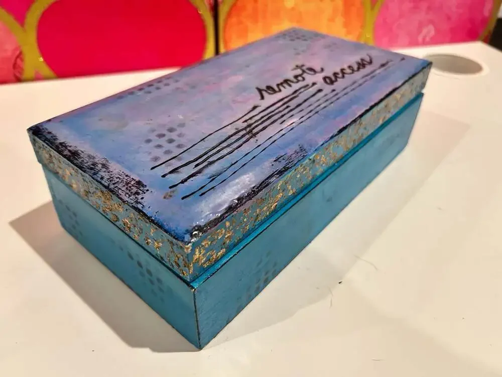 Hand Painted Blue and Purple Wooden Keepsake Box with Remote Access Calligraphy